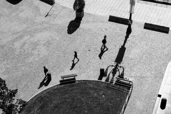 Structural Punctuation ~ A quiet choreography of isolated strides balanced by the sharp rhythm of passing shadows.